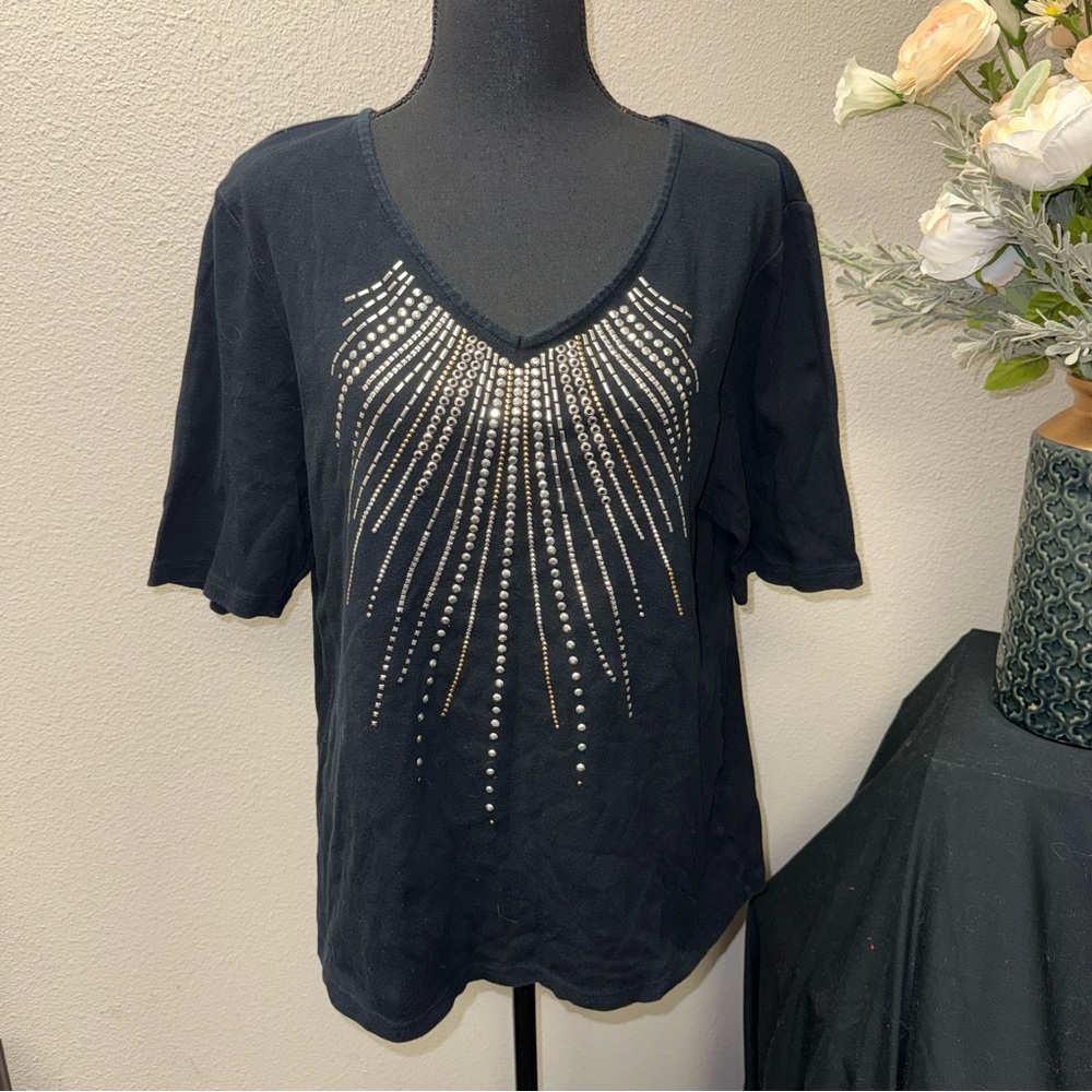 Rebecca Malone Black Rhinestone V-Neck Top XL Glam Night Out Tee